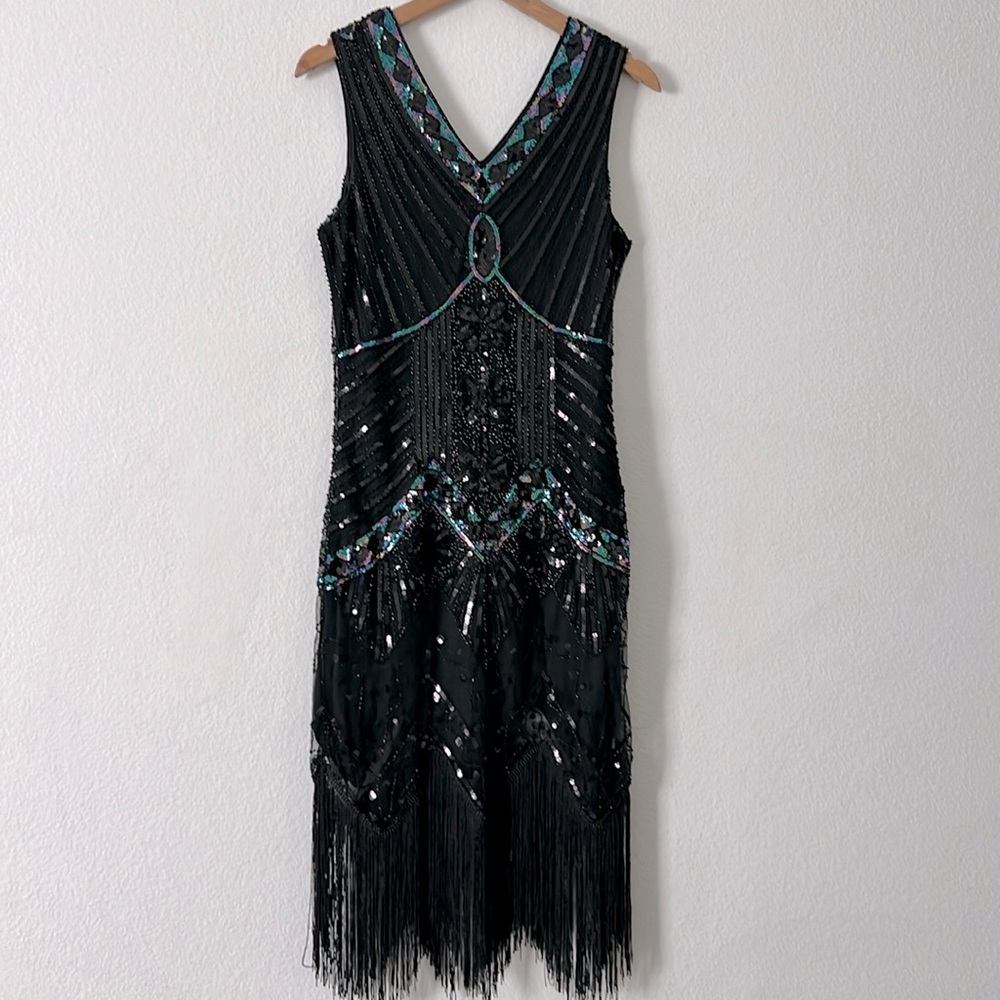 New Flapper 1920’s V Neck Beaded Fringed Dress Size S